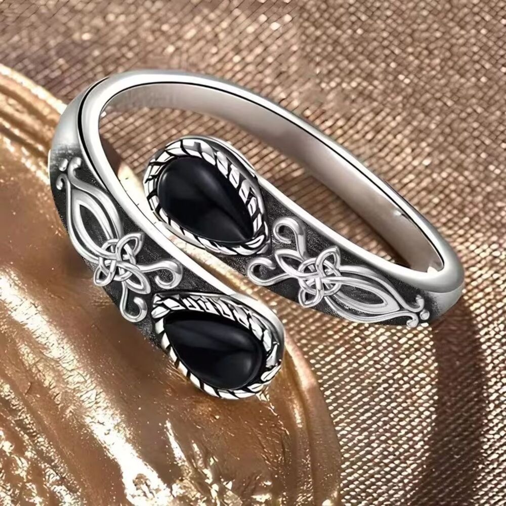 Black Zirconia Crystal Open Criss Cross Ring Adjustable Silver Wrap Gemstone